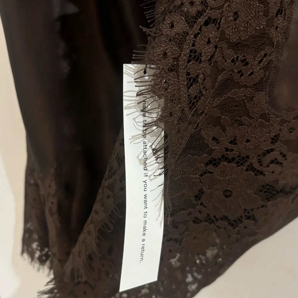 Reformation Brown Satin Slip Skirt with Lace Trim - Picture 4 of 5